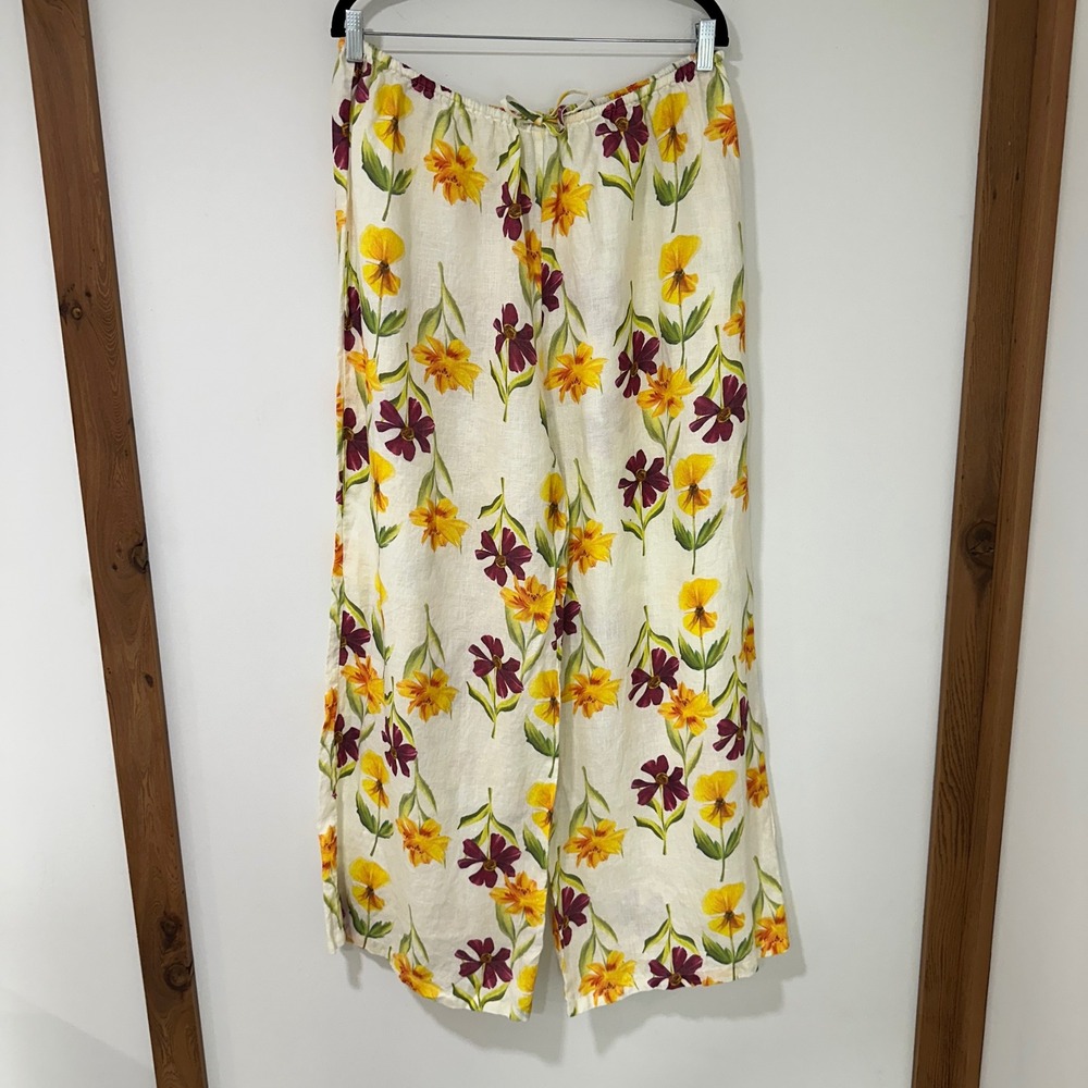 VRG GRL Floral Wide Leg Linen Pants Women 16 Cream Yellow Purple | Coastal Boho